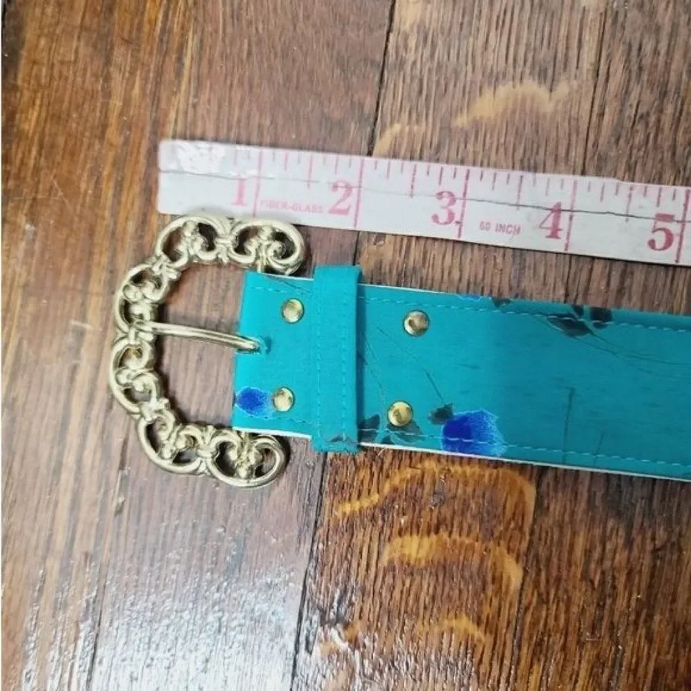 Vintage 80s 90s Teal Blue Whimsi Floral Fabric Chunky Gold Buckle Belt